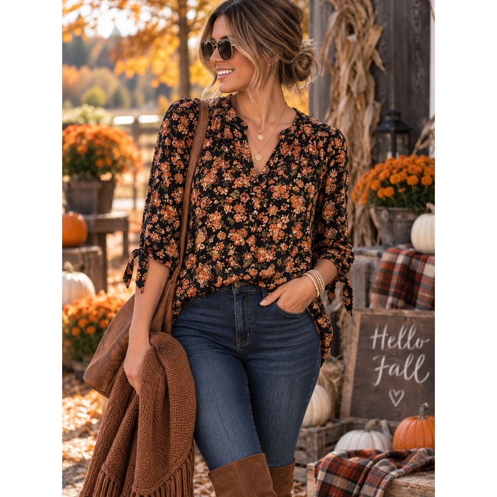 Cynthia Rowley Women L Black Orange Floral Blouse 3/4 Tie Sleeve Boho Fall